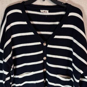 Striped Navy & Ivory Cardigan Sweater Womens Medium Nautical Preppy Academia